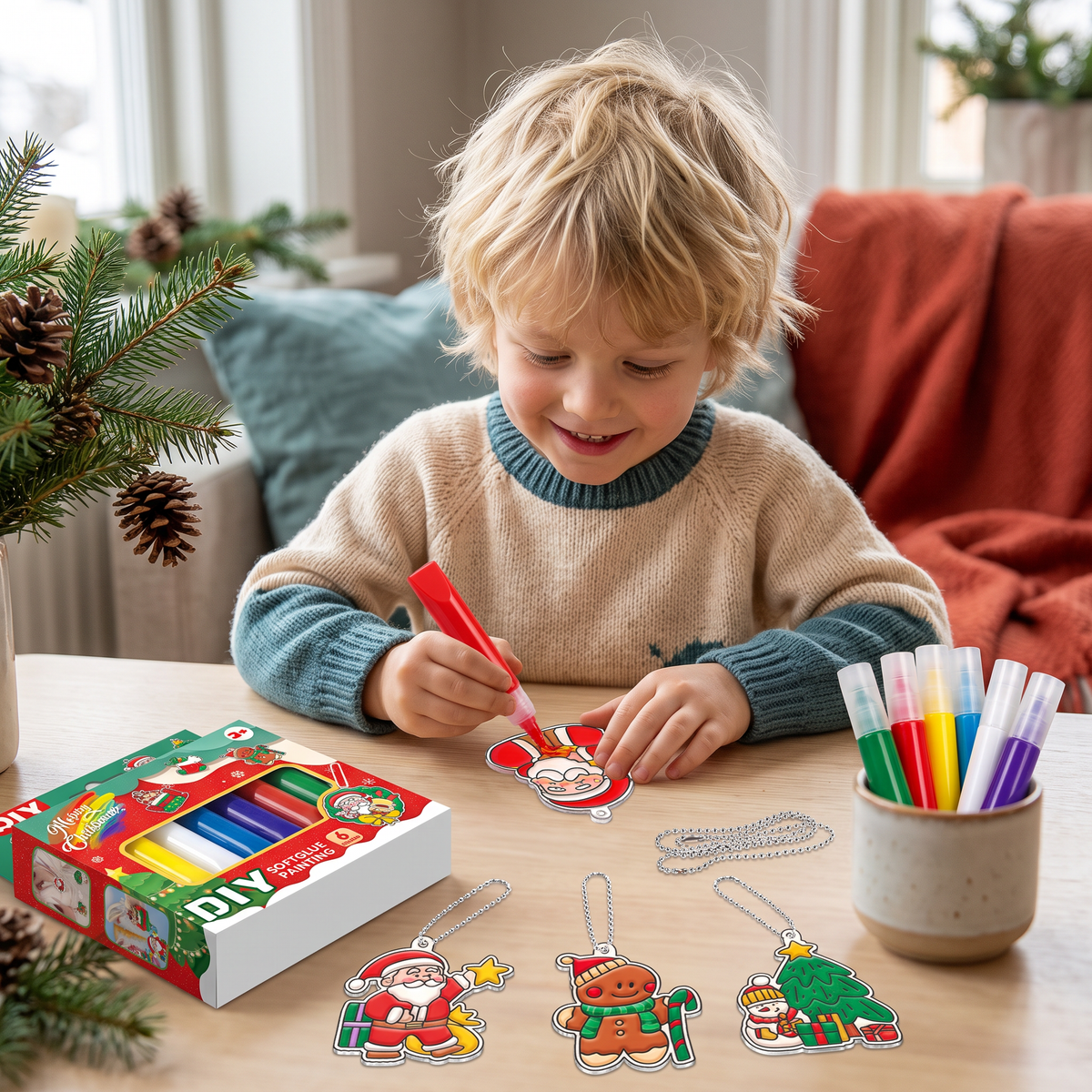 DIY-julpysselset för barn för att måla juldekorationer utan lim eller bakning