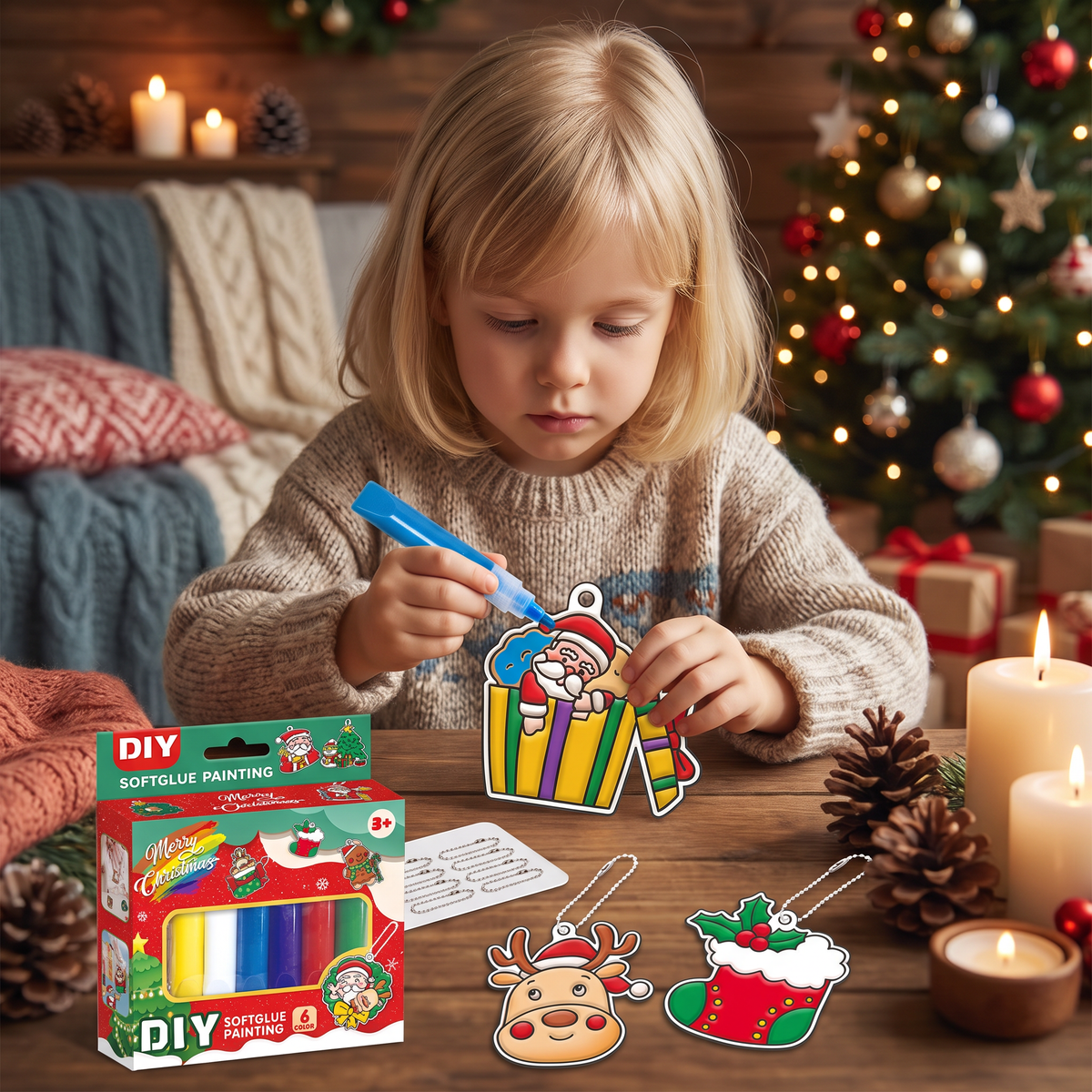 DIY-julpysselset för barn för att måla juldekorationer utan lim eller bakning